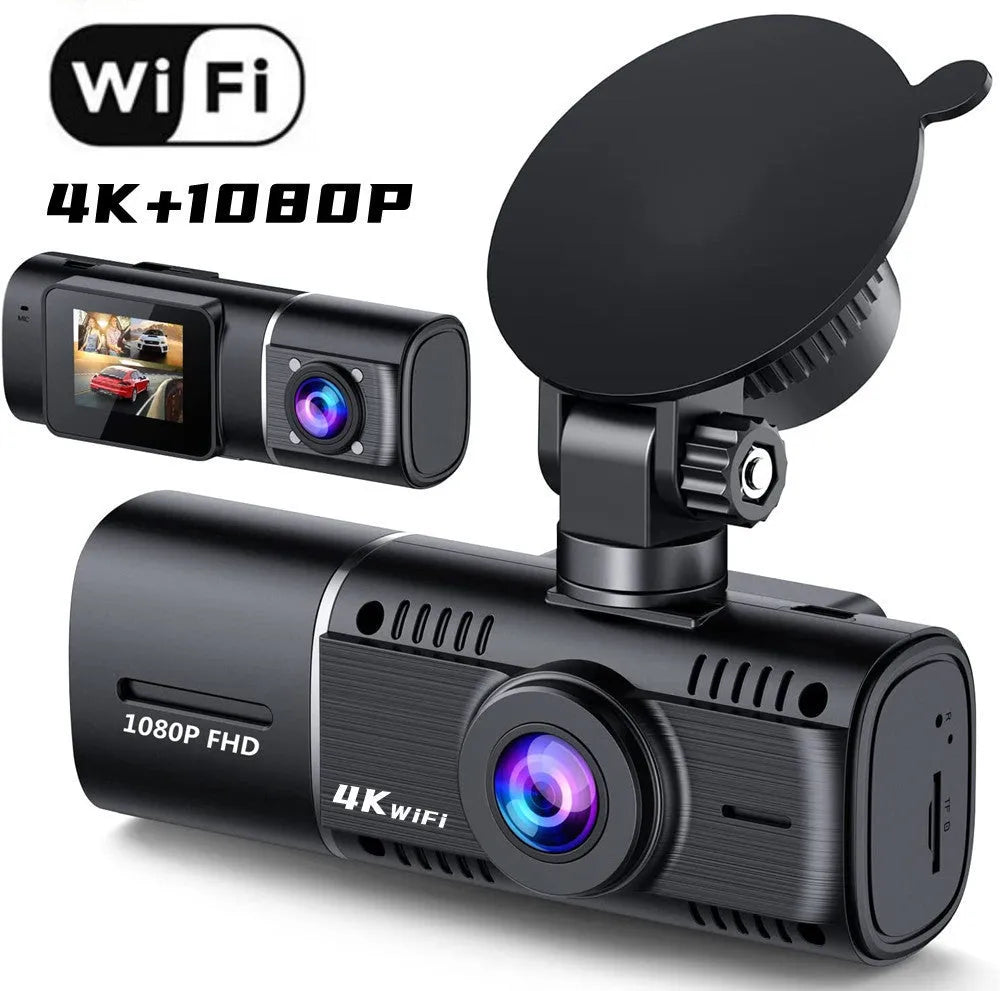 Black dual-channel car dash cam with 1.5-inch screen, front and rear cameras, mounted on a windscreen.