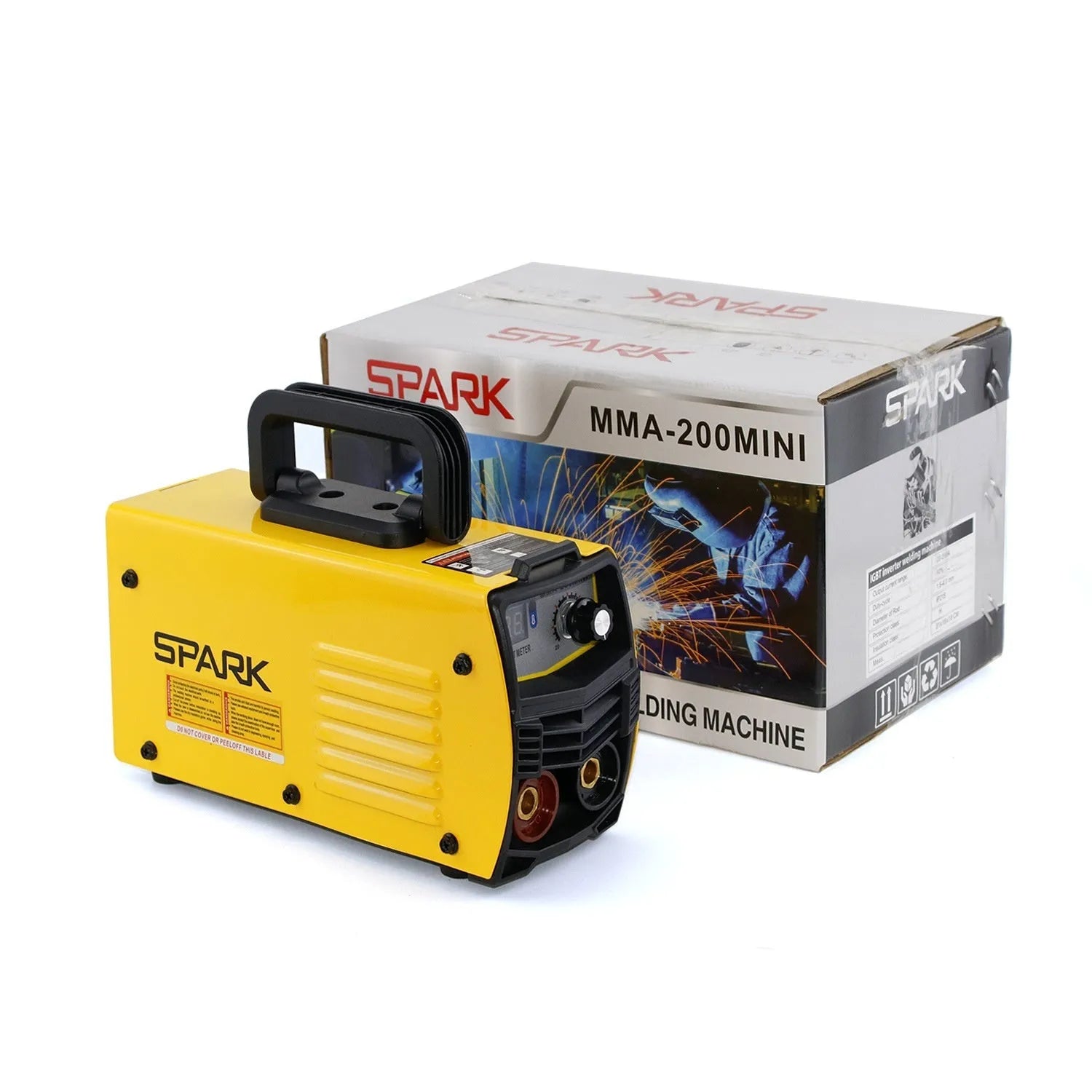 MMA-200MIN compact inverter DC welding machine with welding tongs, grounding clamp, and face shield on a workbench.