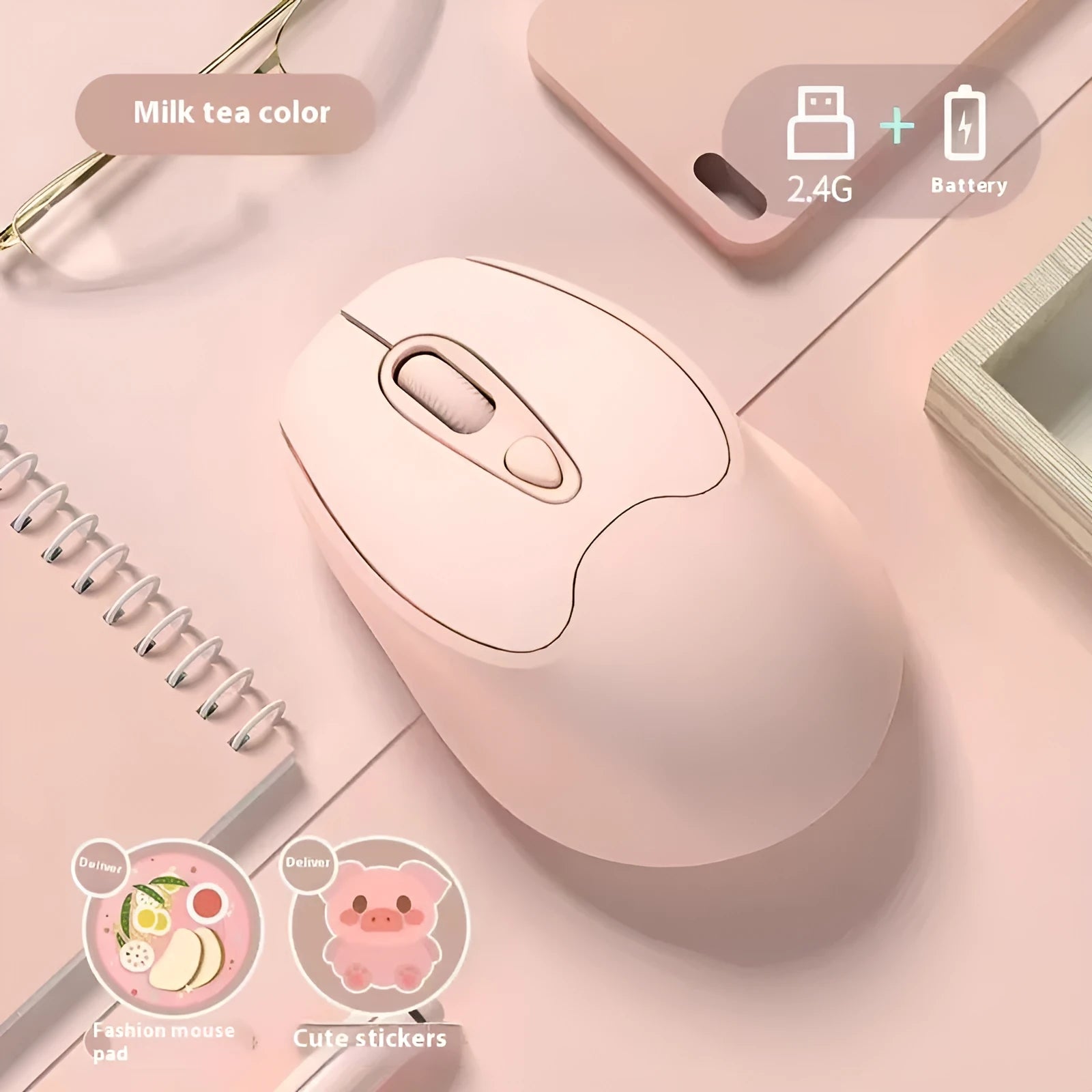 Dual-mode Bluetooth wireless mouse in green, grey, milk tea pink or girl pink with self-charging battery