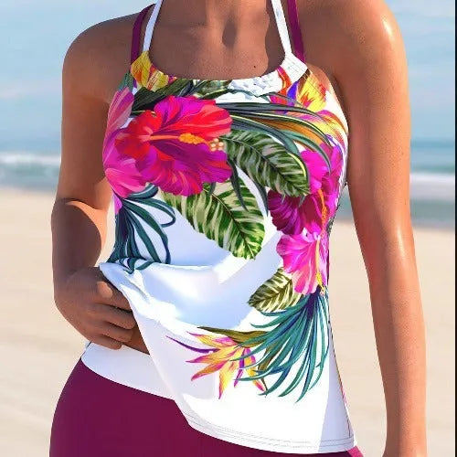 Women's purple red and green large flower print split swimsuit with chest pad support.