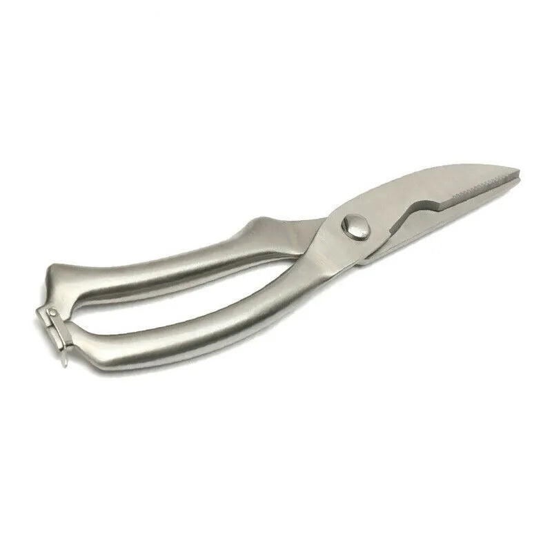 Silver stainless steel kitchen shears 25cm with serrated blade and ergonomic handle for cutting poultry bones