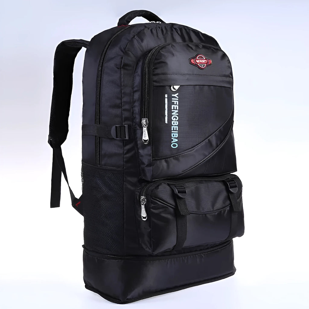 Men's simple outdoor sports large-capacity backpack in black, 56-75 litre nylon, 17x37x64 cm