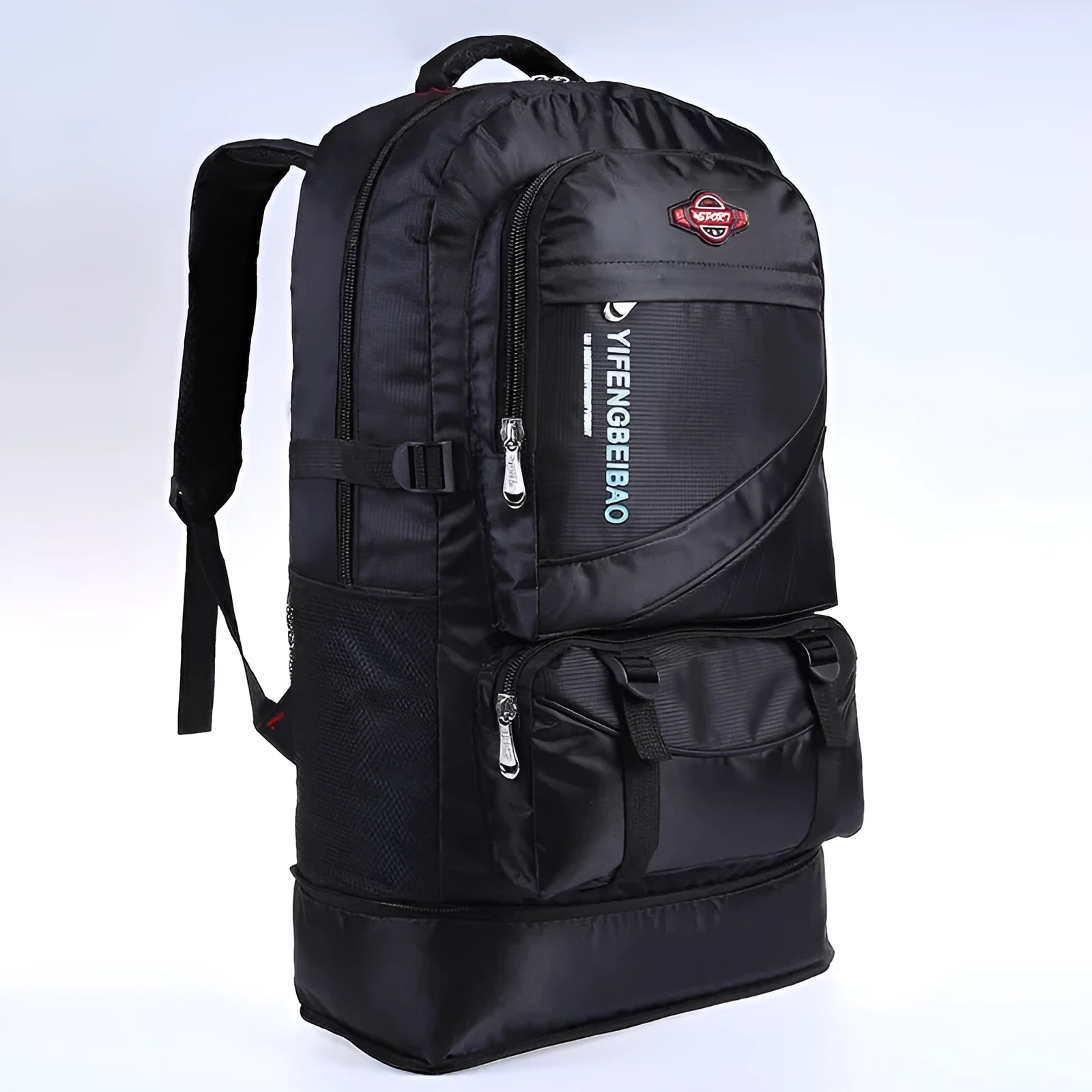 Men's simple outdoor sports large-capacity backpack in black, 56-75 litre nylon, 17x37x64 cm