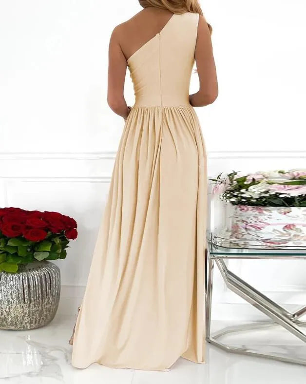 Women's apricot one shoulder cocktail maxi dress with high thigh split, shown on model.
