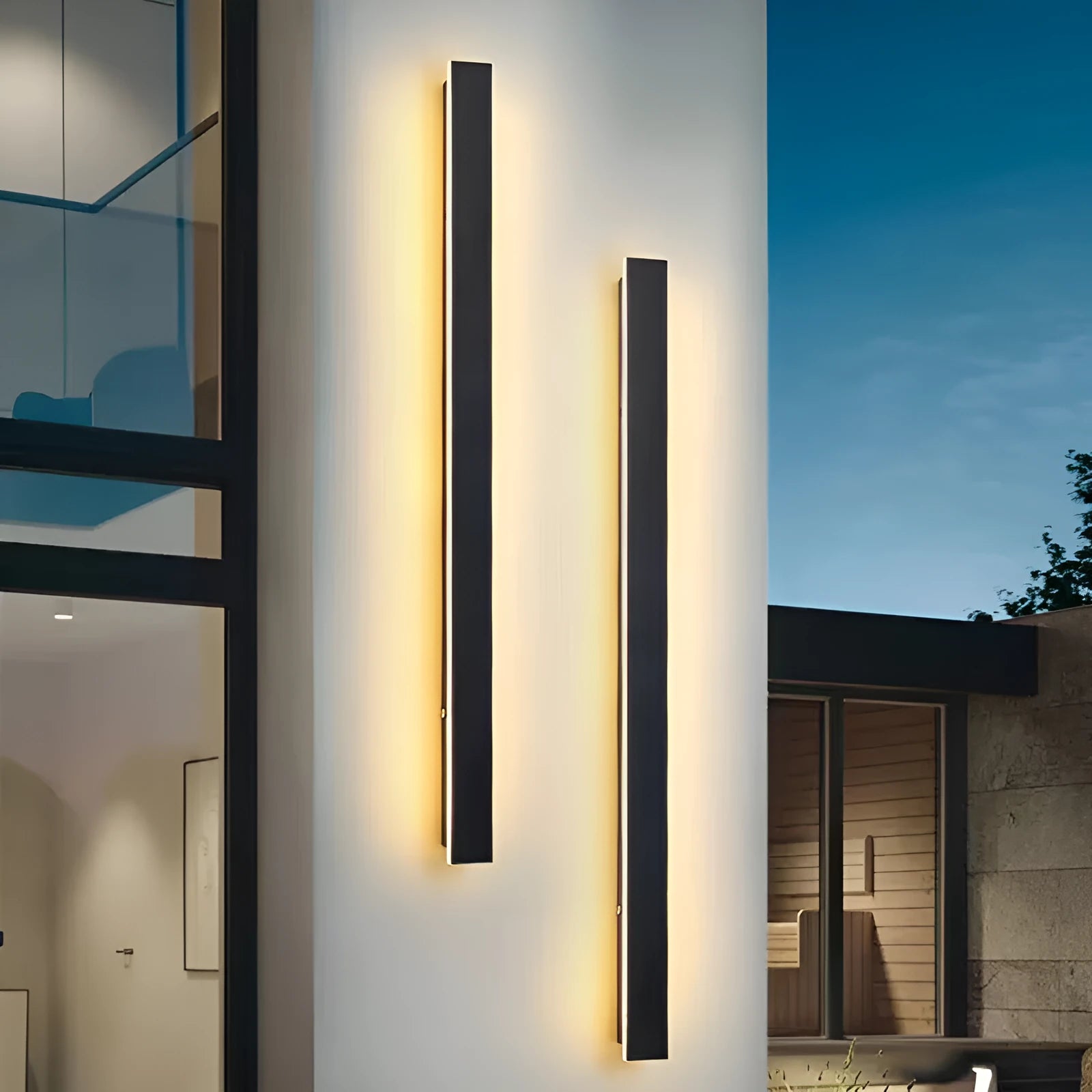 Outdoor waterproof LED wall lamp with linear design and IP65 rating on a wall.