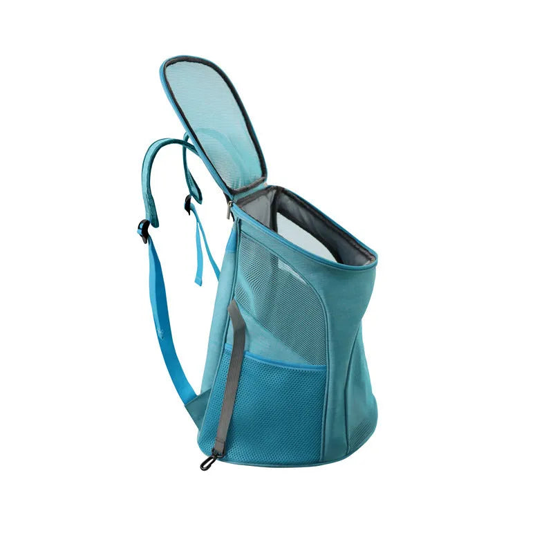 Blue foldable nylon pet backpack for cats and small dogs, size L, sitting on a flat surface