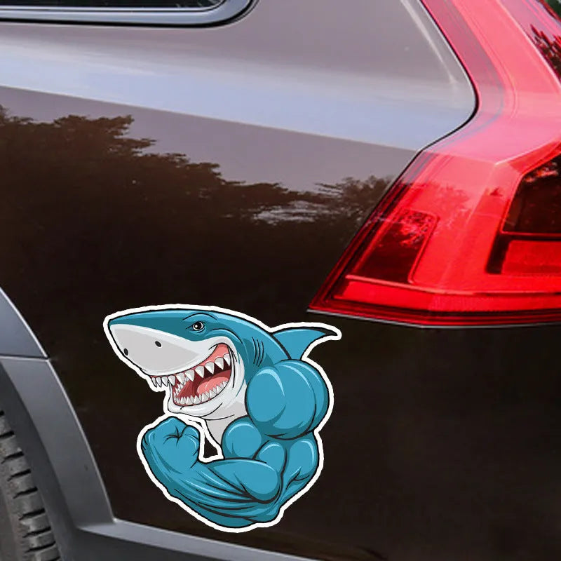 Bodybuilding shark 3D cartoon sticker on car bumper, 15 x 14 cm, PVC material
