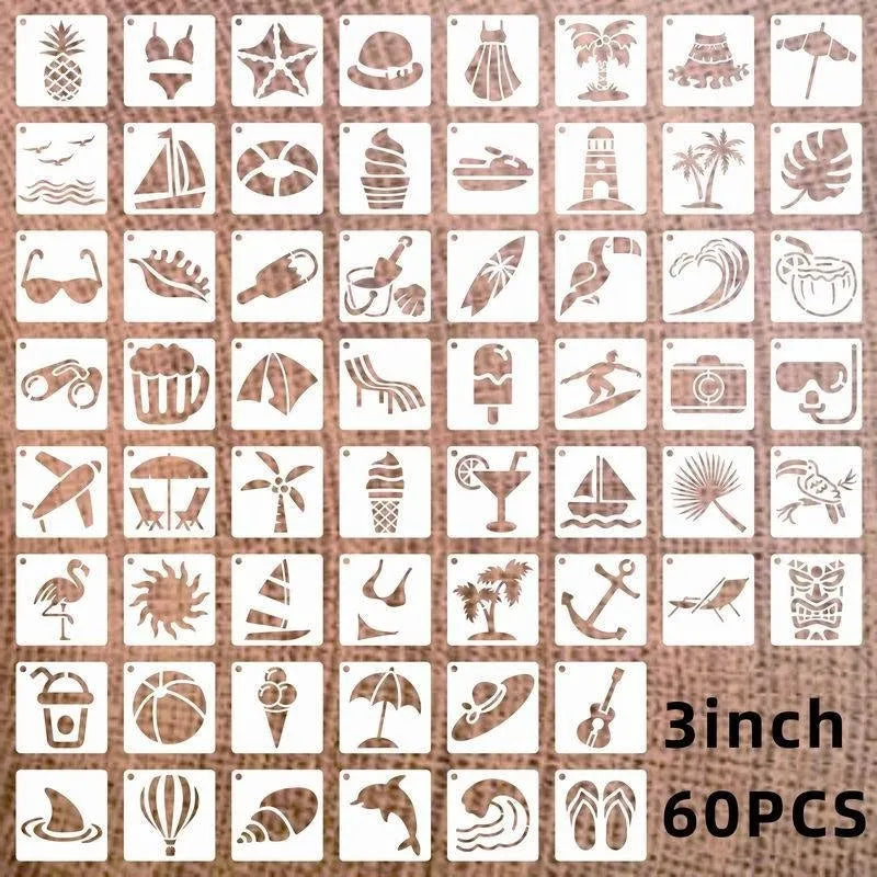 700 milky white PET film spray painting stencils showing 2-inch flower, leaf, bird, animal, letter, and ocean designs