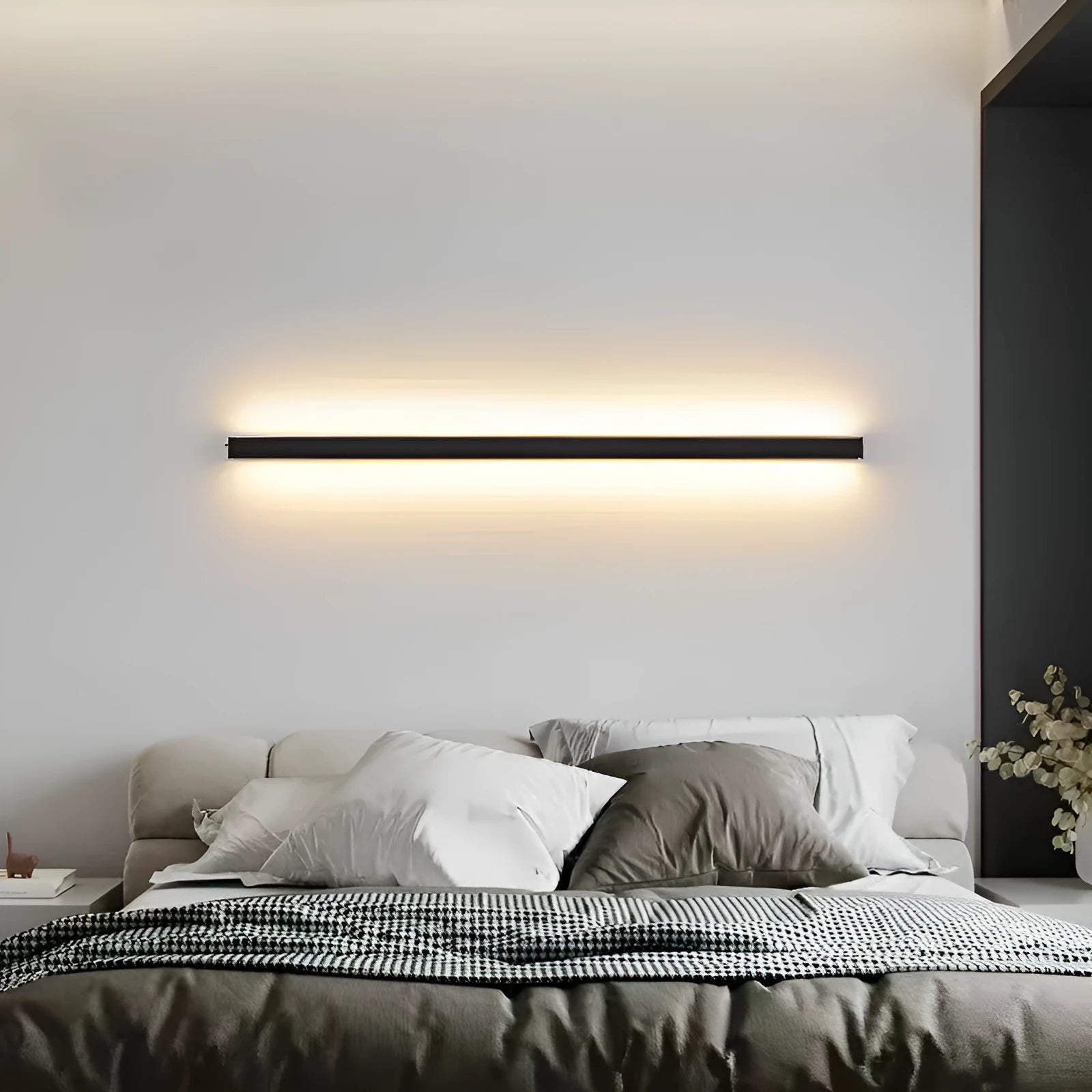 An 80cm long black aluminium LED wall lamp strip with a PC shade, shown mounted.