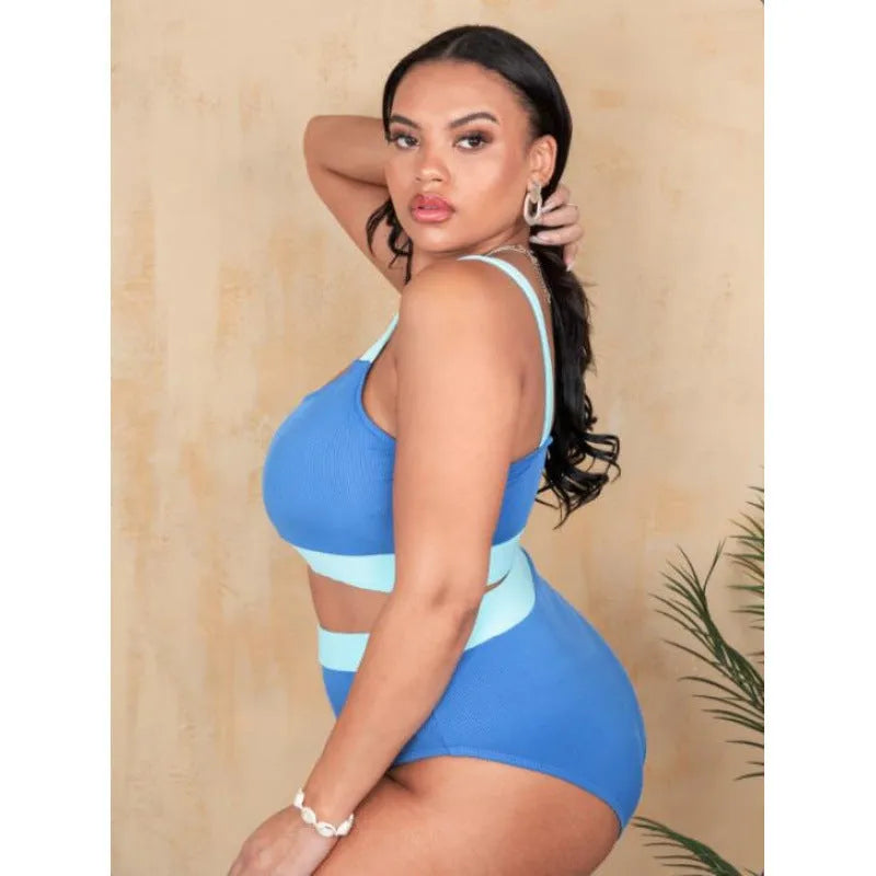 Women's pure colour high waist bikini set with stitching details in extended sizes 0XL to 4XL
