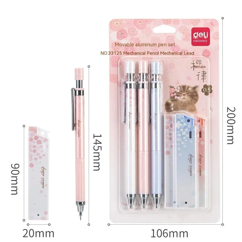 Set of three 0.5mm automatic cartoon pencils with HB lead refills in mixed colours.