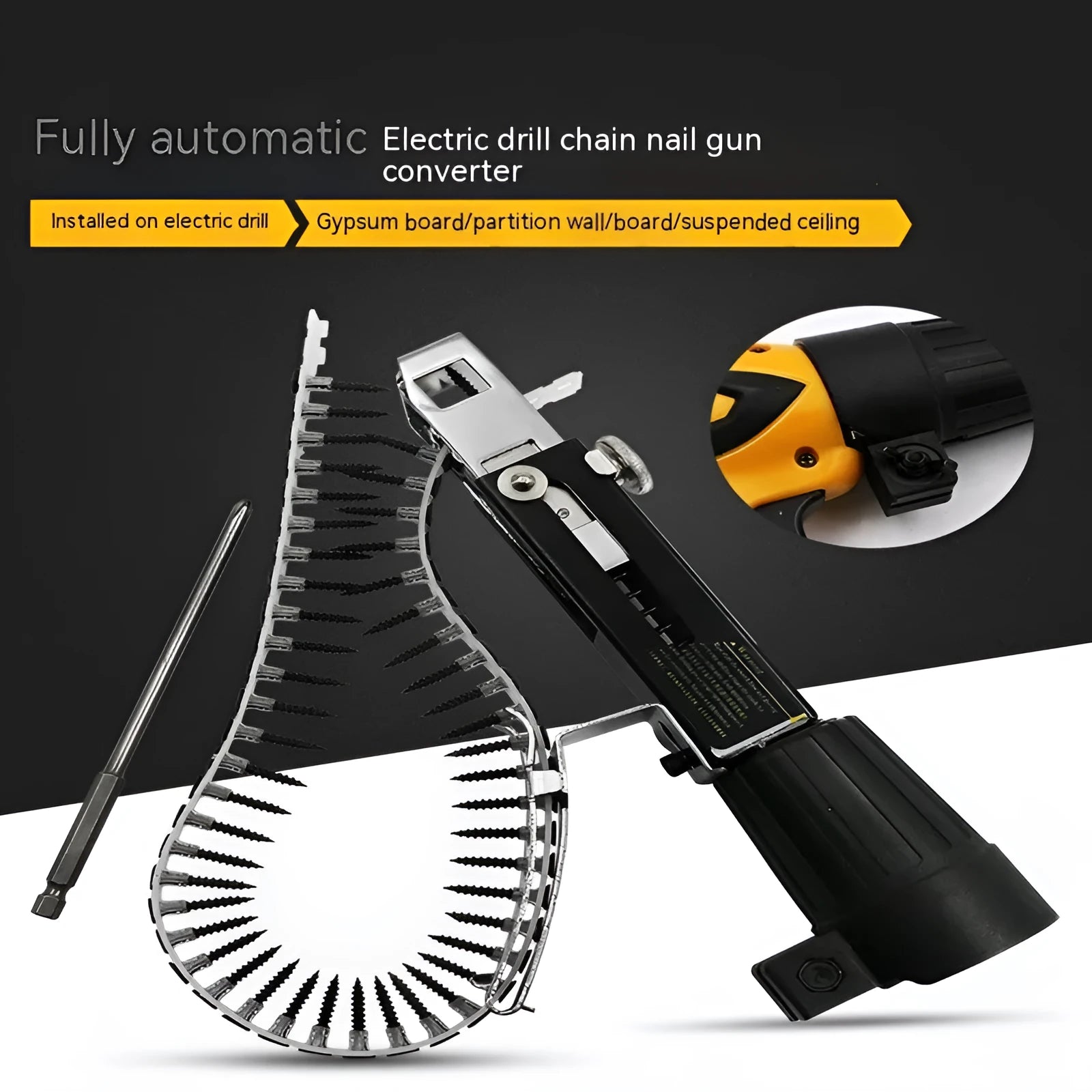 Chain screw gun head automatic nail gun attachment with chain band and cross head on a gun rack.