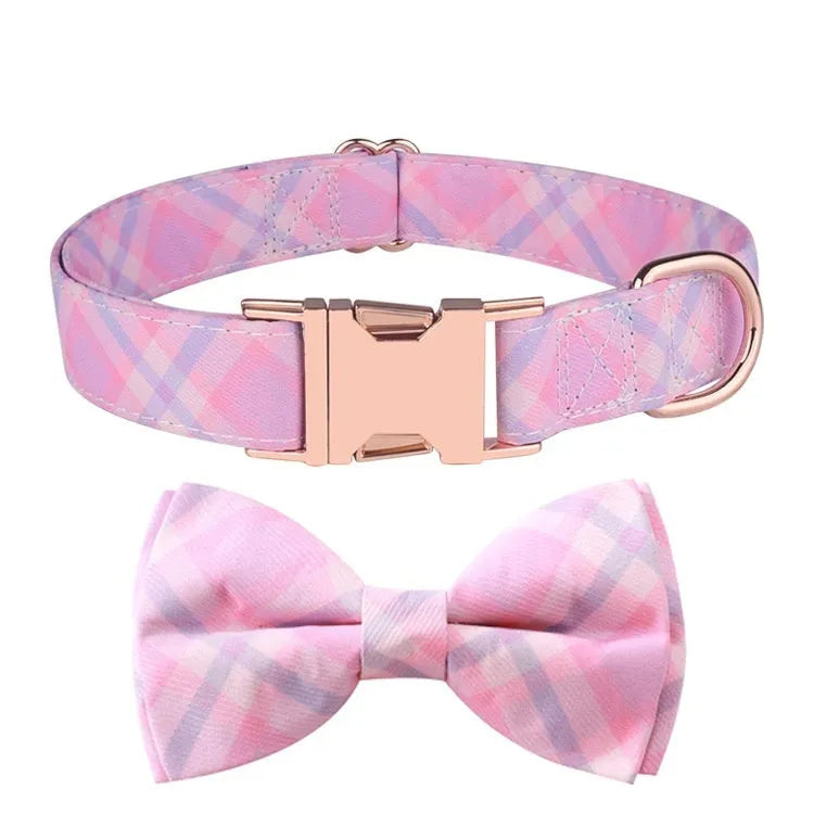 Rose gold buckle pet collar with bow decoration in multiple colour patterns