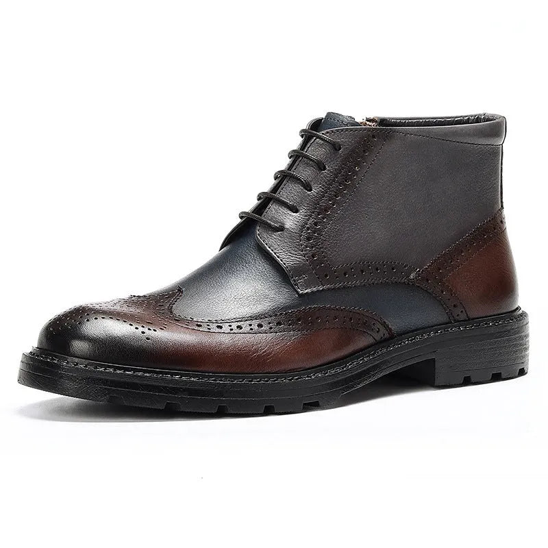 Men's curry blue leather brogue boots with decorative stitching and front lacing.