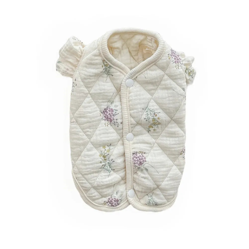 Cotton-padded pet clothes in Chinese ink style or lavender colour with vest or flounced sleeve designs