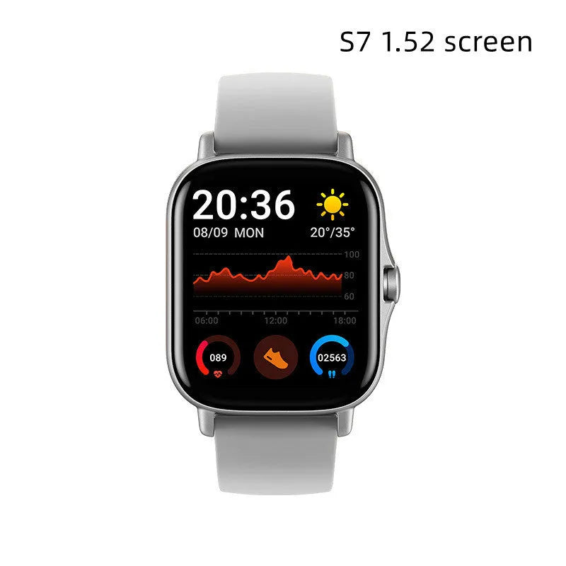 GT20 smartwatch in black with alloy case and silicone strap showing heart rate monitoring on screen.