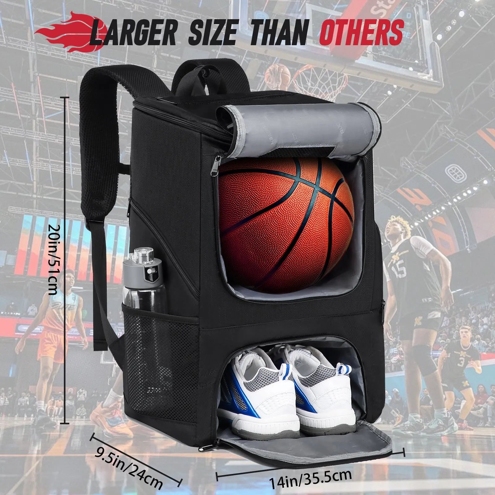 Black basketball training backpack with large 51cm capacity for sports equipment