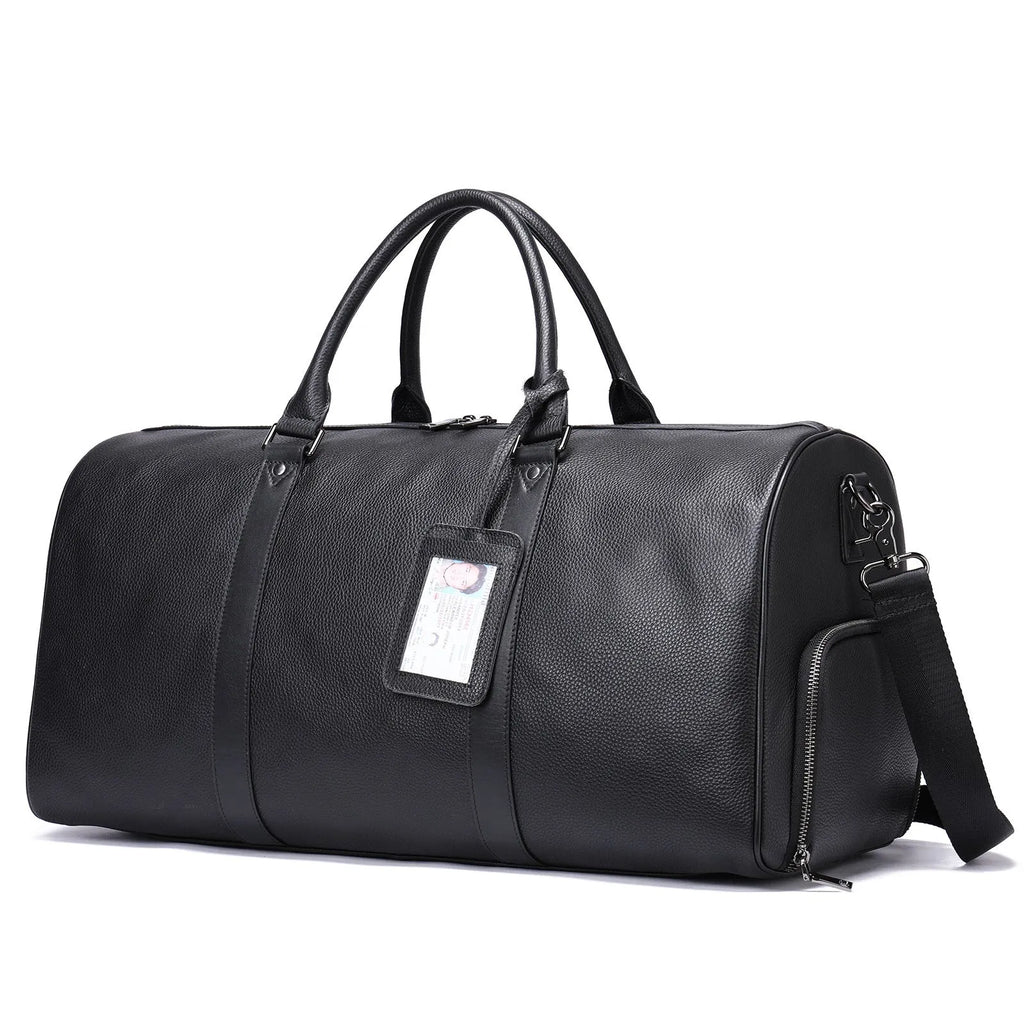 Men's black leather excursion tote bag with single shoulder strap showing 44cm and 55cm size options