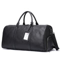 Men's black leather excursion tote bag with single shoulder strap showing 44cm and 55cm size options