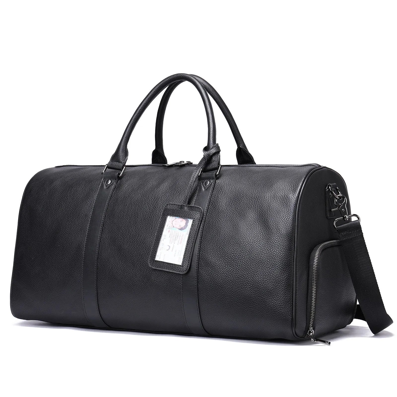 Men's black leather excursion tote bag with single shoulder strap showing 44cm and 55cm size options