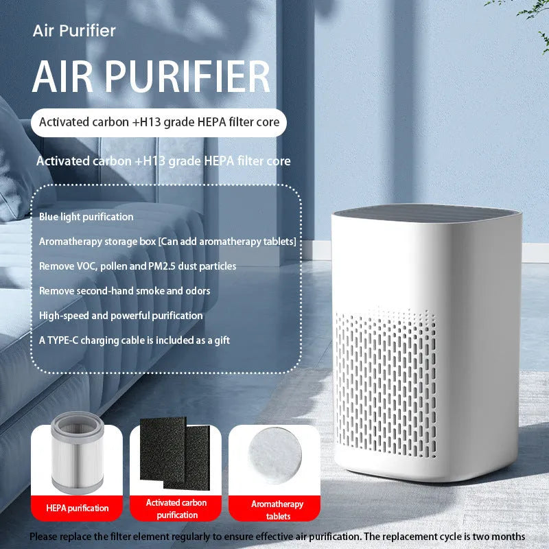 Compact desktop USB air purifier deodoriser with simple modern design on a desk.