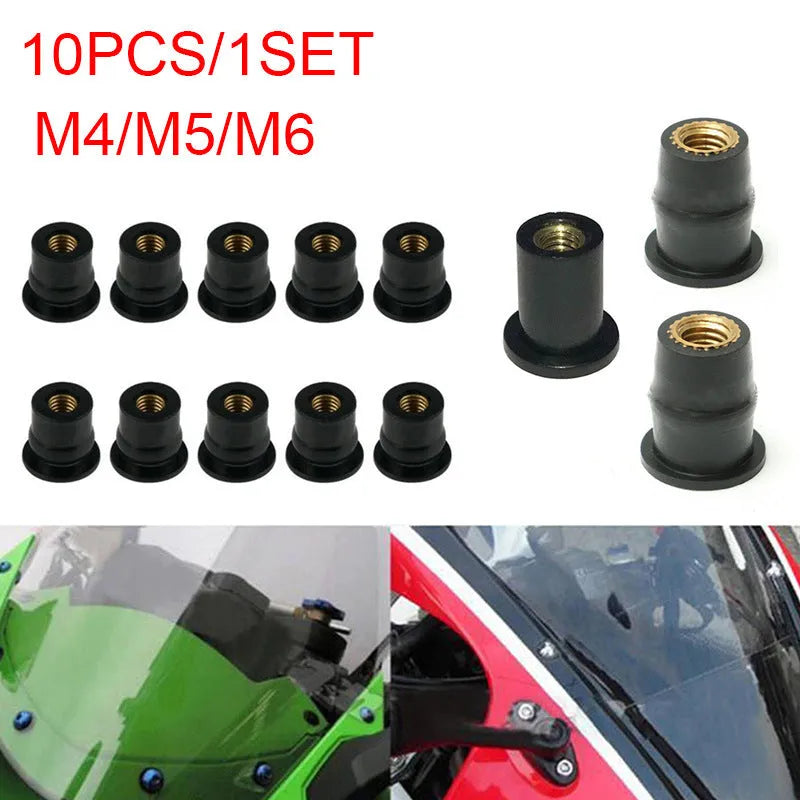 Black brass and rubber expansion well nuts for motorcycle windshield mounting in M4, M5, and M6 sizes.