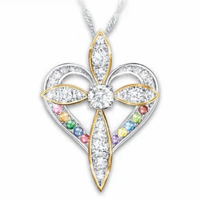 Alloy heart shaped cross pendant necklace on adjustable clavicle chain, unisex style, electroplated finish