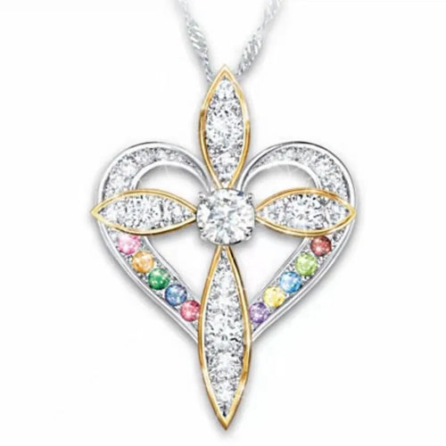 Alloy heart shaped cross pendant necklace on adjustable clavicle chain, unisex style, electroplated finish