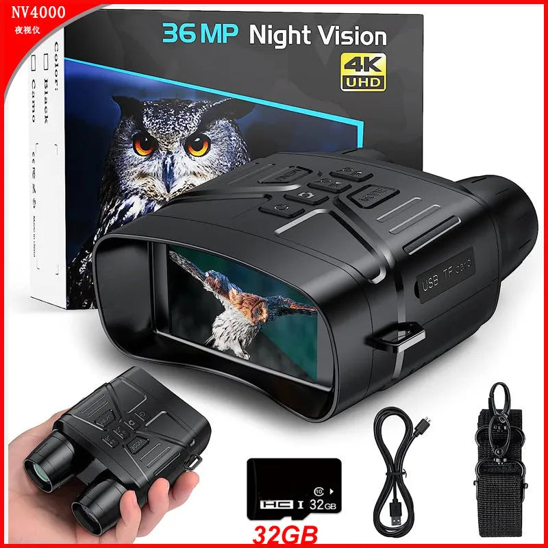 Black 4K night vision instrument with 3-inch screen showing night vision display