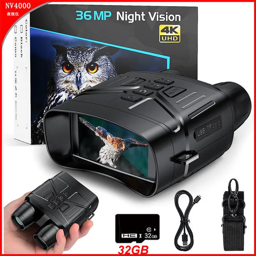Black 4K night vision instrument with 3-inch screen showing night vision display