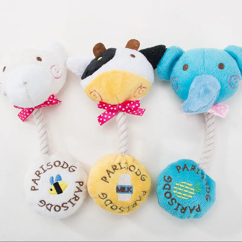 Plush rope dog toy with animal design featuring squeaker and cotton rope centre