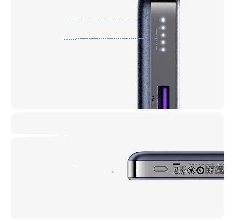 Compact magnetic charging power bank with integrated bracket showing 10000mAh capacity and C-C charging cable