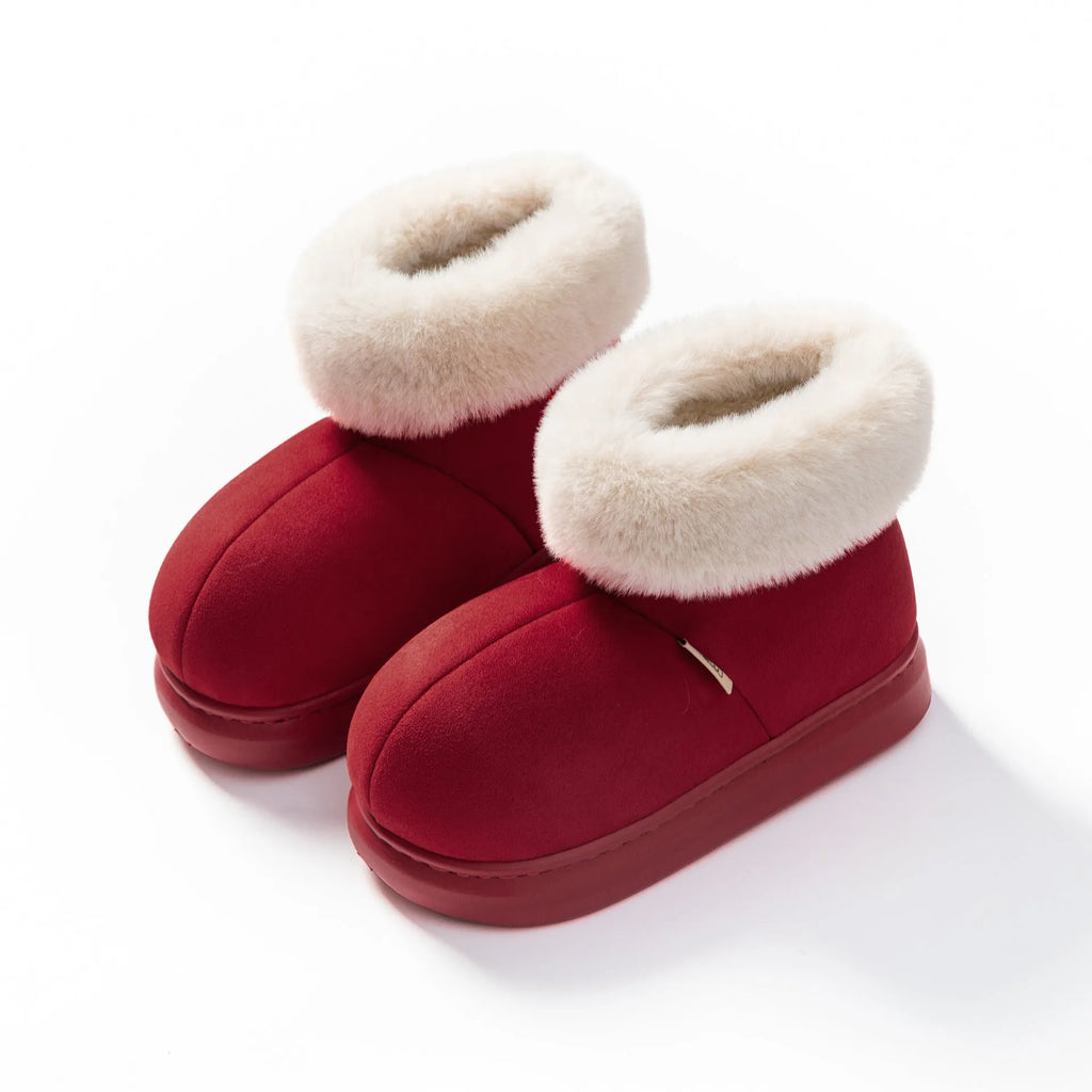 Women's plush winter snow boots with thick EVA sole, round toe, 3cm heel, in beige, green, khaki, pink, red