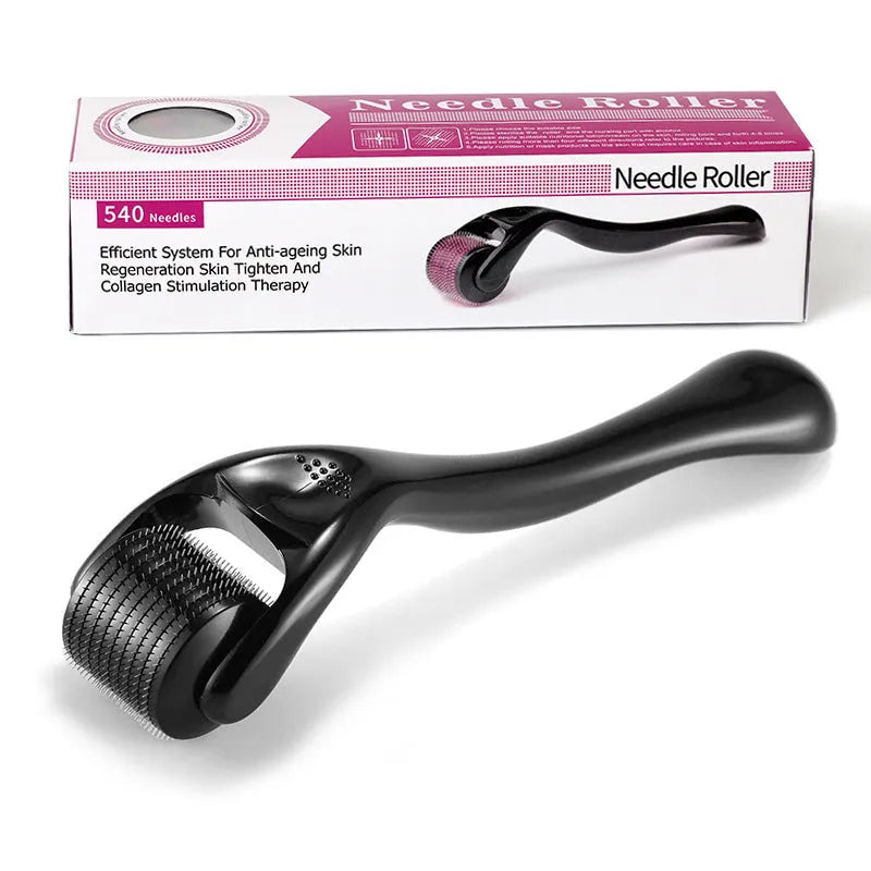 Black derma roller with titanium microneedle head and ergonomic handle, labelled with sizes A-F from 0.2mm to 1.0mm.