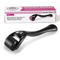 Black derma roller with titanium microneedle head and ergonomic handle, labelled with sizes A-F from 0.2mm to 1.0mm.