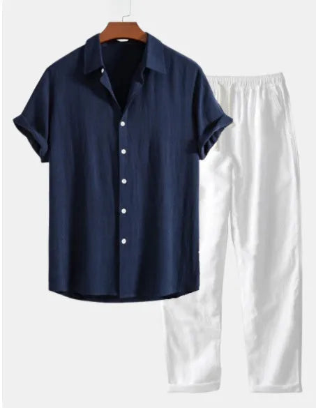 A navy blue loose-fit cotton linen short-sleeve suit for summer, shown with glasses, shoes, and a watch.