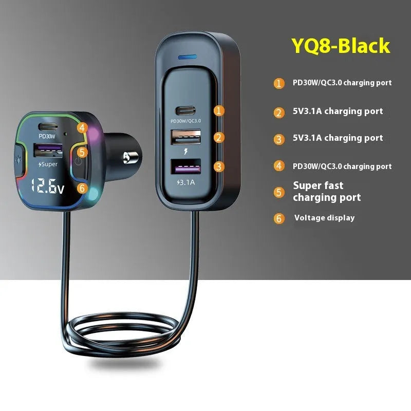 YQ8 black car PD fast charger with five ports for front or rear vehicle installation