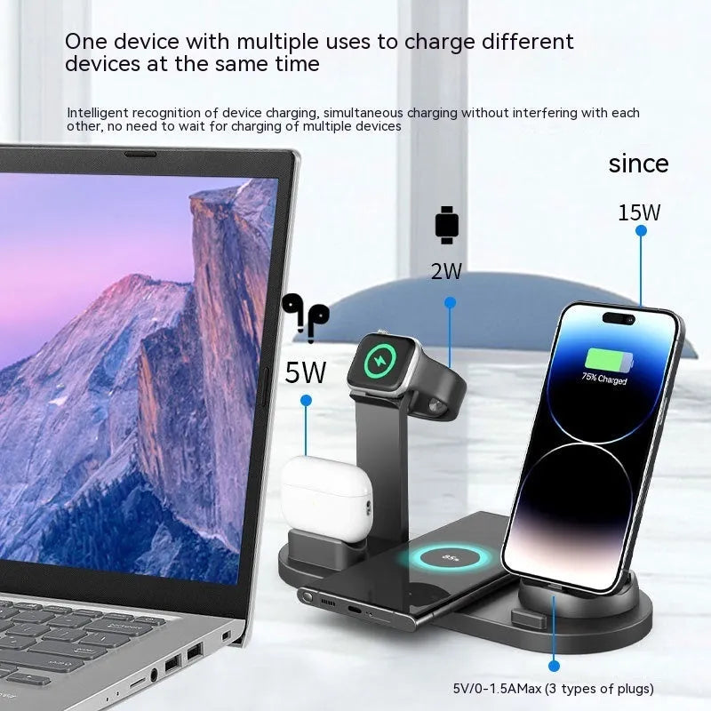 Black three-in-one wireless charger and phone holder on a desk showing iPhone charging.