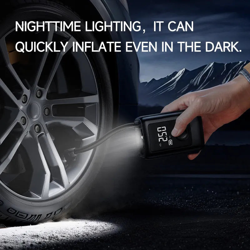 Car portable electric gas filling bag air pump with tyre pressure gauge and LED light on a dark background