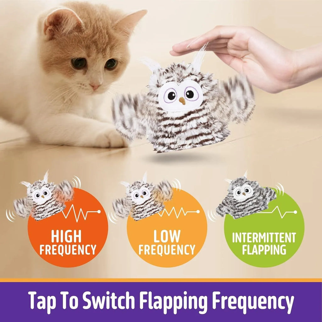 Grey interactive owl cat toy with beating wings for indoor feline entertainment