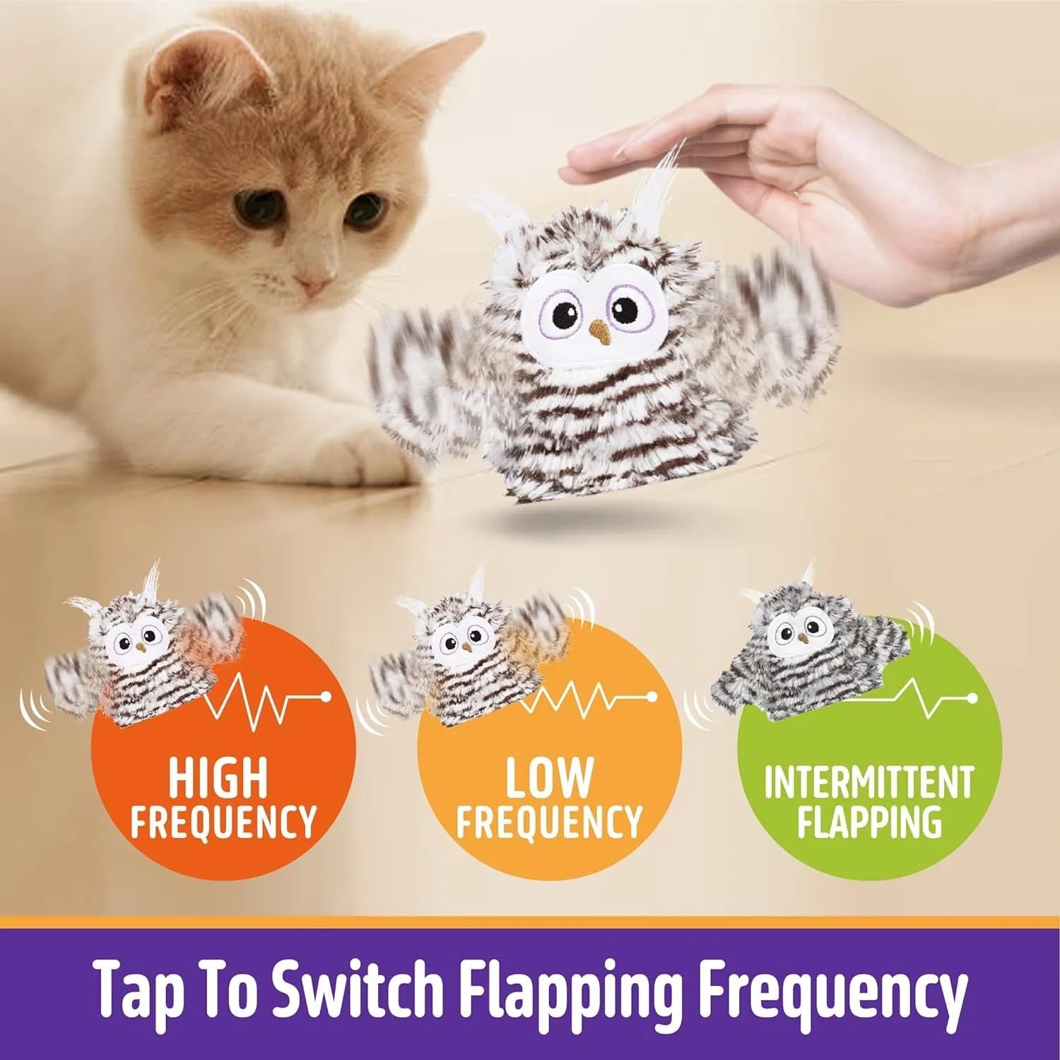 Grey interactive owl cat toy with beating wings for indoor feline entertainment