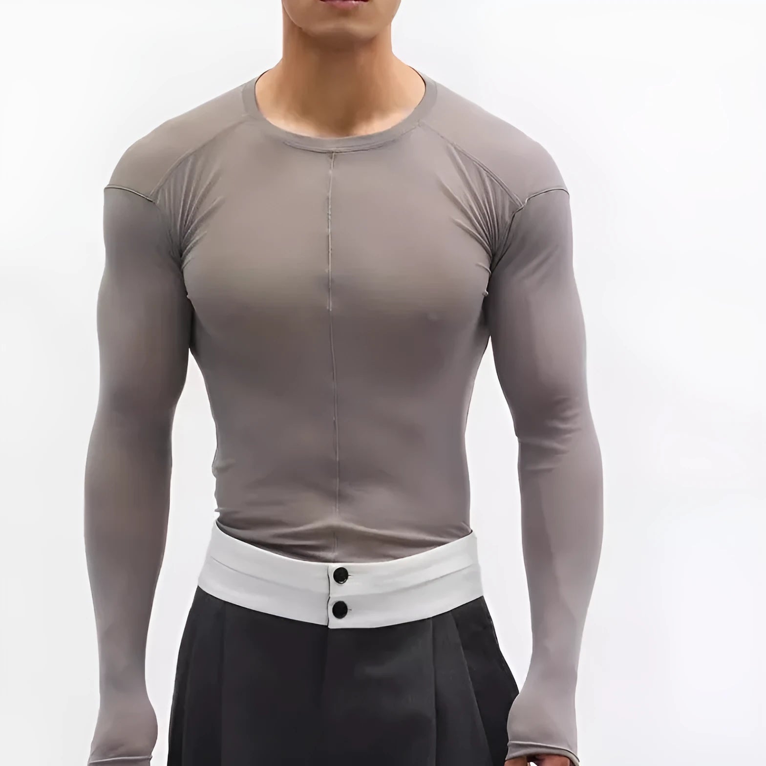 Black slim-fit women's pullover top with a mesh see-through texture and long sleeves.