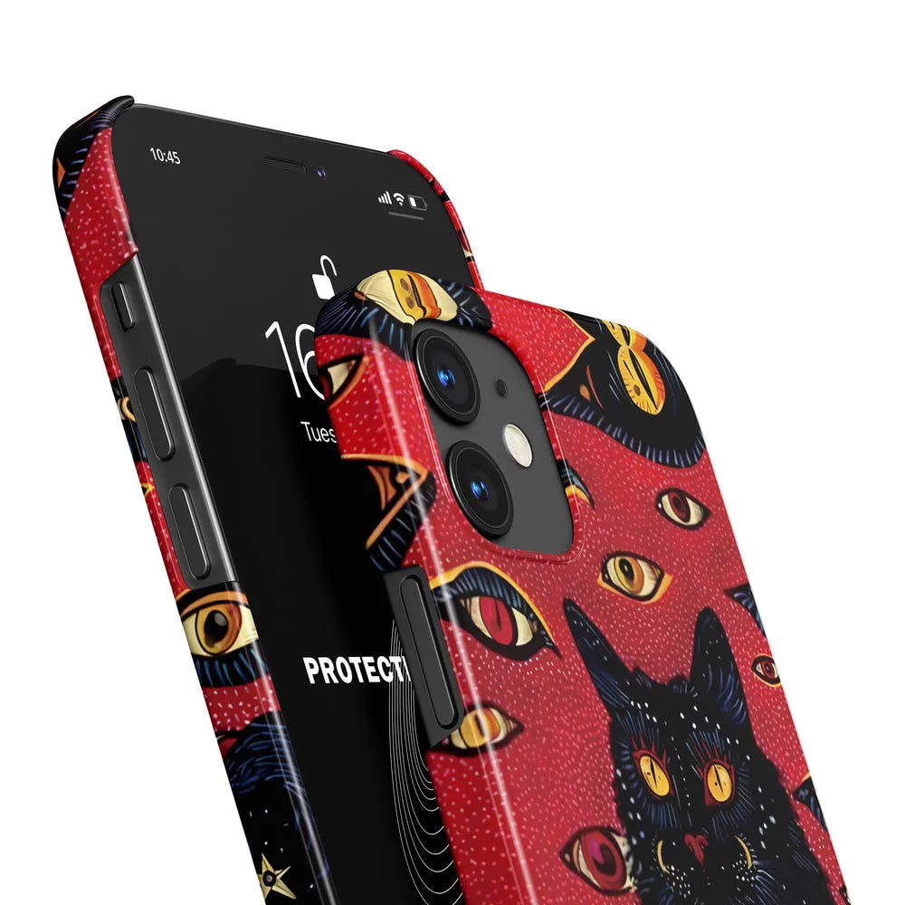 Retro cat eye design hard shell phone case for iPhone, shown in frosted and glossy finish options.