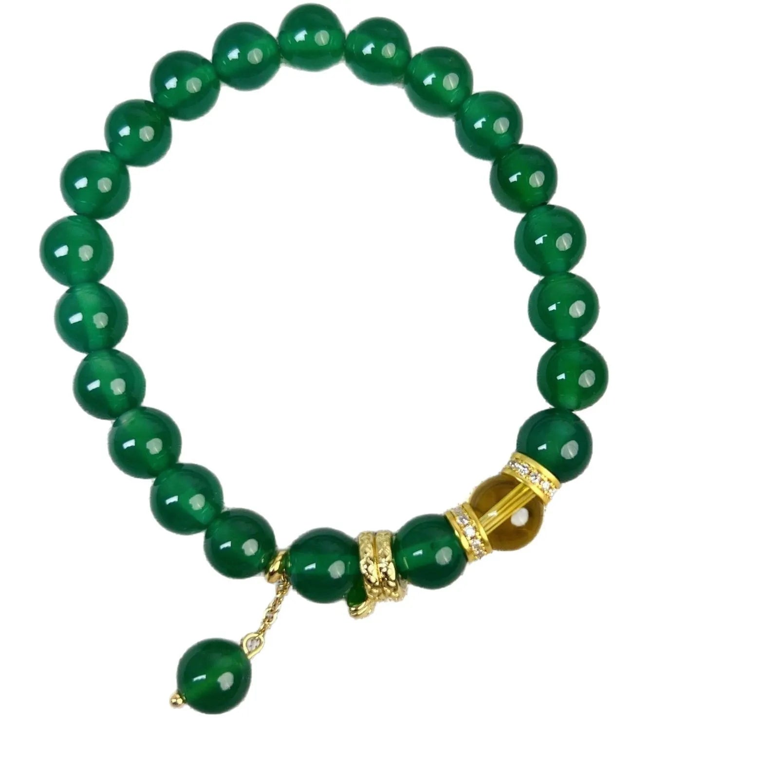 Natural green chalcedony and red agate wealth snake bracelet with copper geometric details.