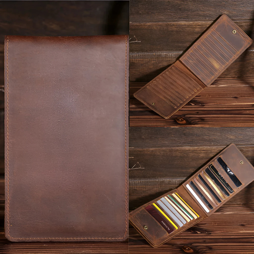 Men's slim leather card holder wallet with multiple card slots and a mobile phone pocket.
