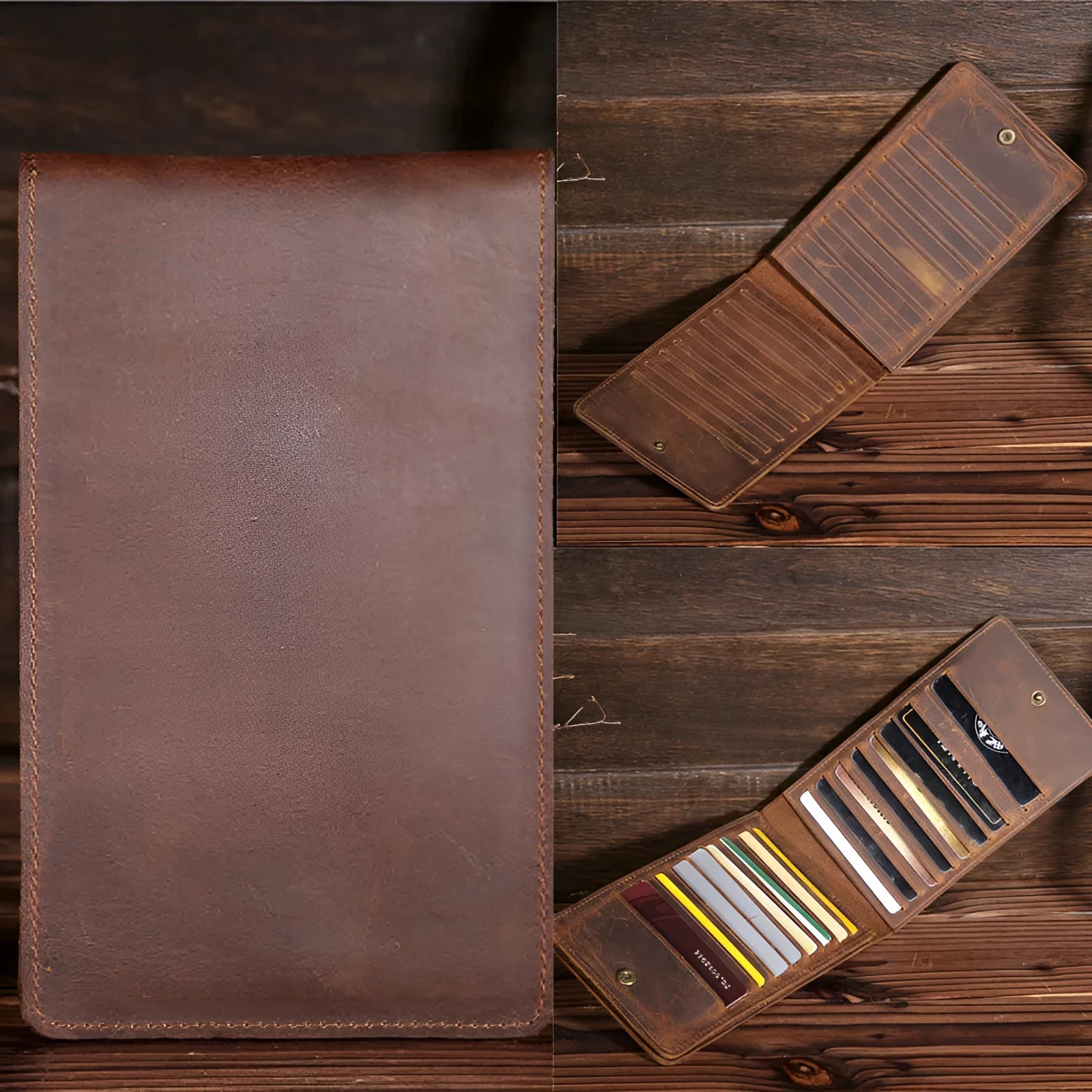 Men's slim leather card holder wallet with multiple card slots and a mobile phone pocket.