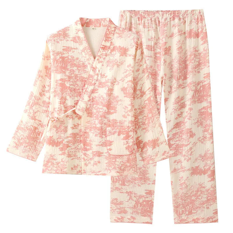 Women's pure cotton gauze homewear suit with long sleeves and trousers in frosted pine tree colour