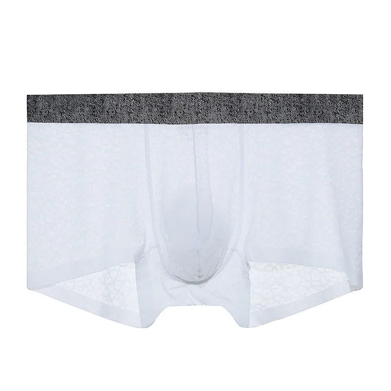 Men's white seamless lace boxer briefs with low waist and Jacquard pattern.
