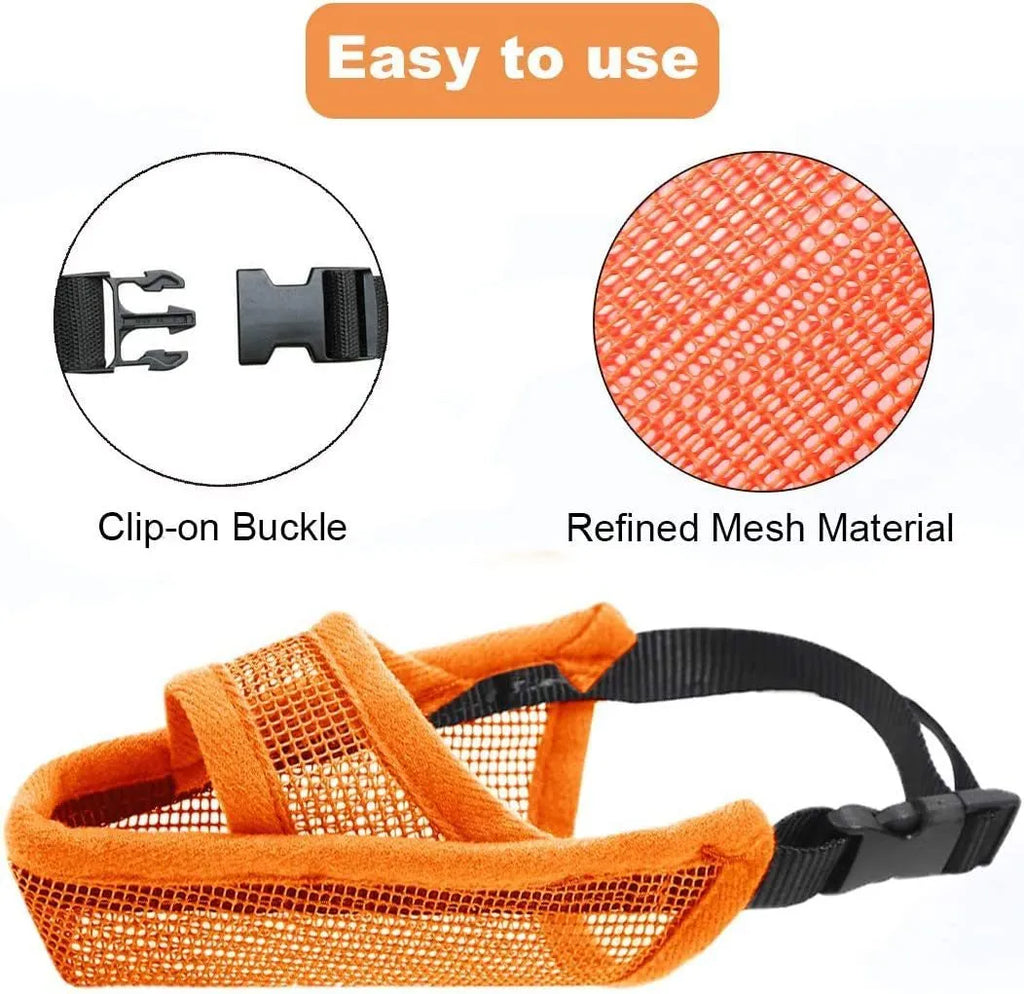 Breathable mesh dog muzzle in black with adjustable fit, showing front view on a neutral background