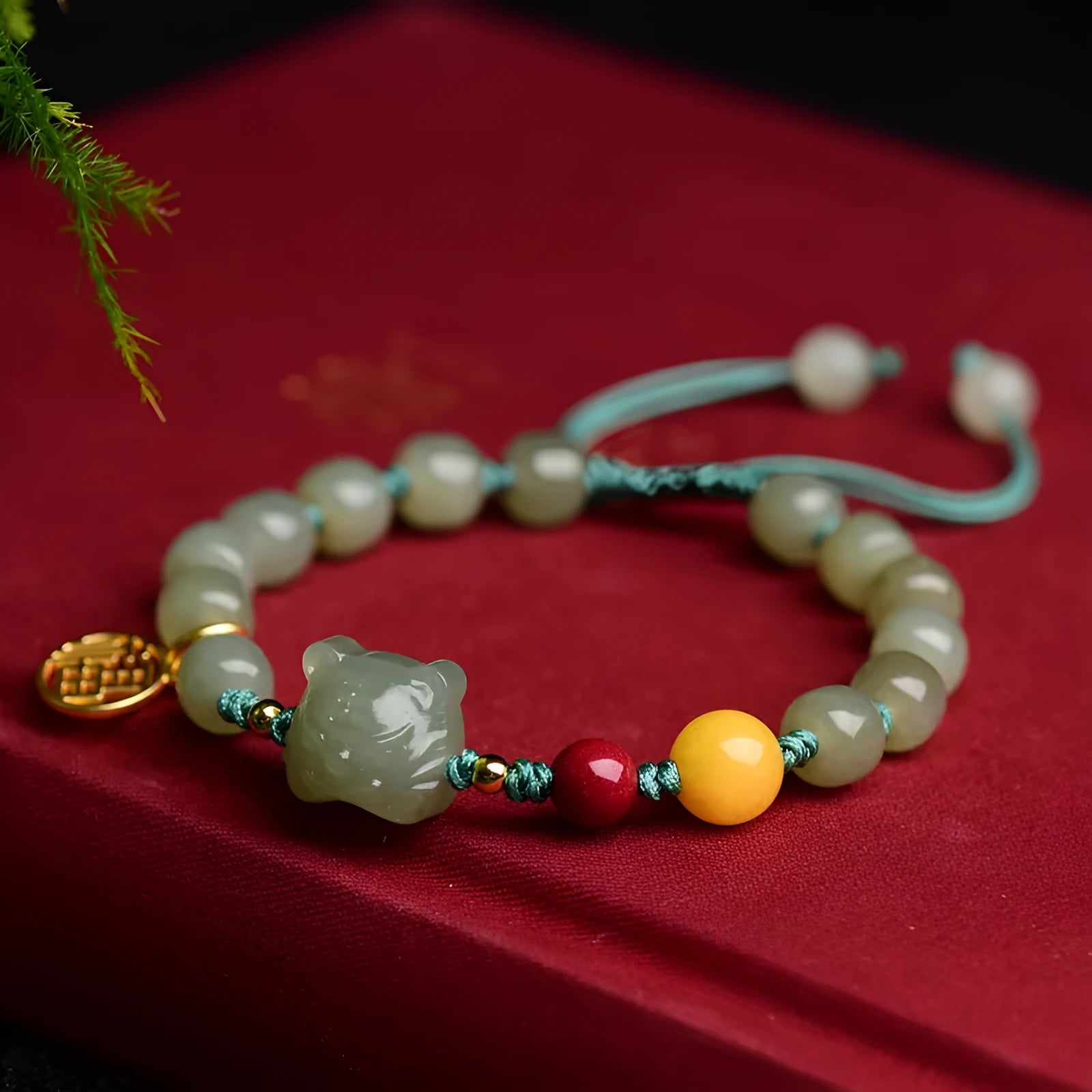 Natural Hetian jade bracelet with cinnabar beeswax beads and animal zodiac modelling